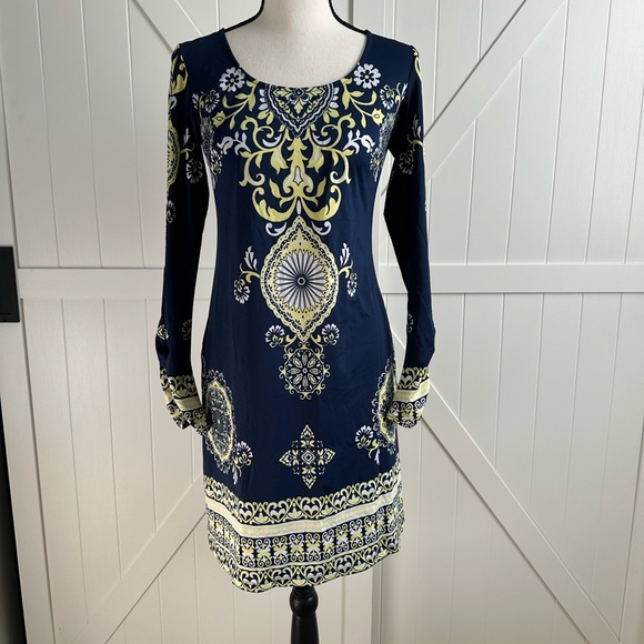 INC International Concepts Dresses & Skirts - INC International Concepts Navy & Yellow Printed Shift Dress Size XS